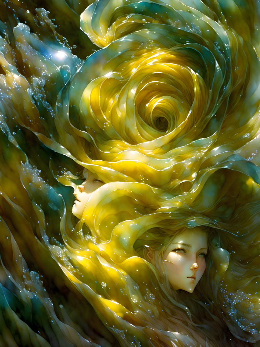 Ethereal faces in swirling golden patterns with central spiral