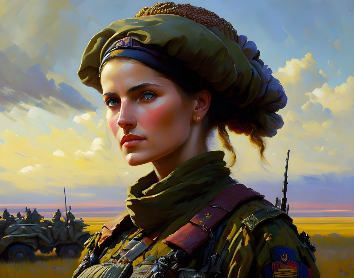 Digital painting of woman in military attire with beret, sunset and armored vehicles.