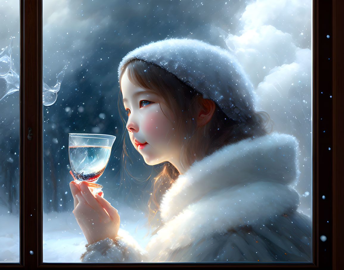 Young girl in white coat with wine glass by frosty window on snowy day