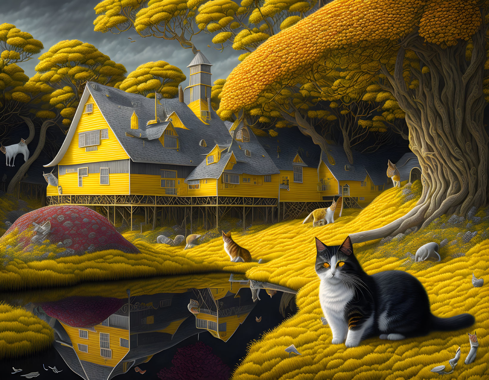 Surreal yellow village with golden trees, cats, cow, and reflective water