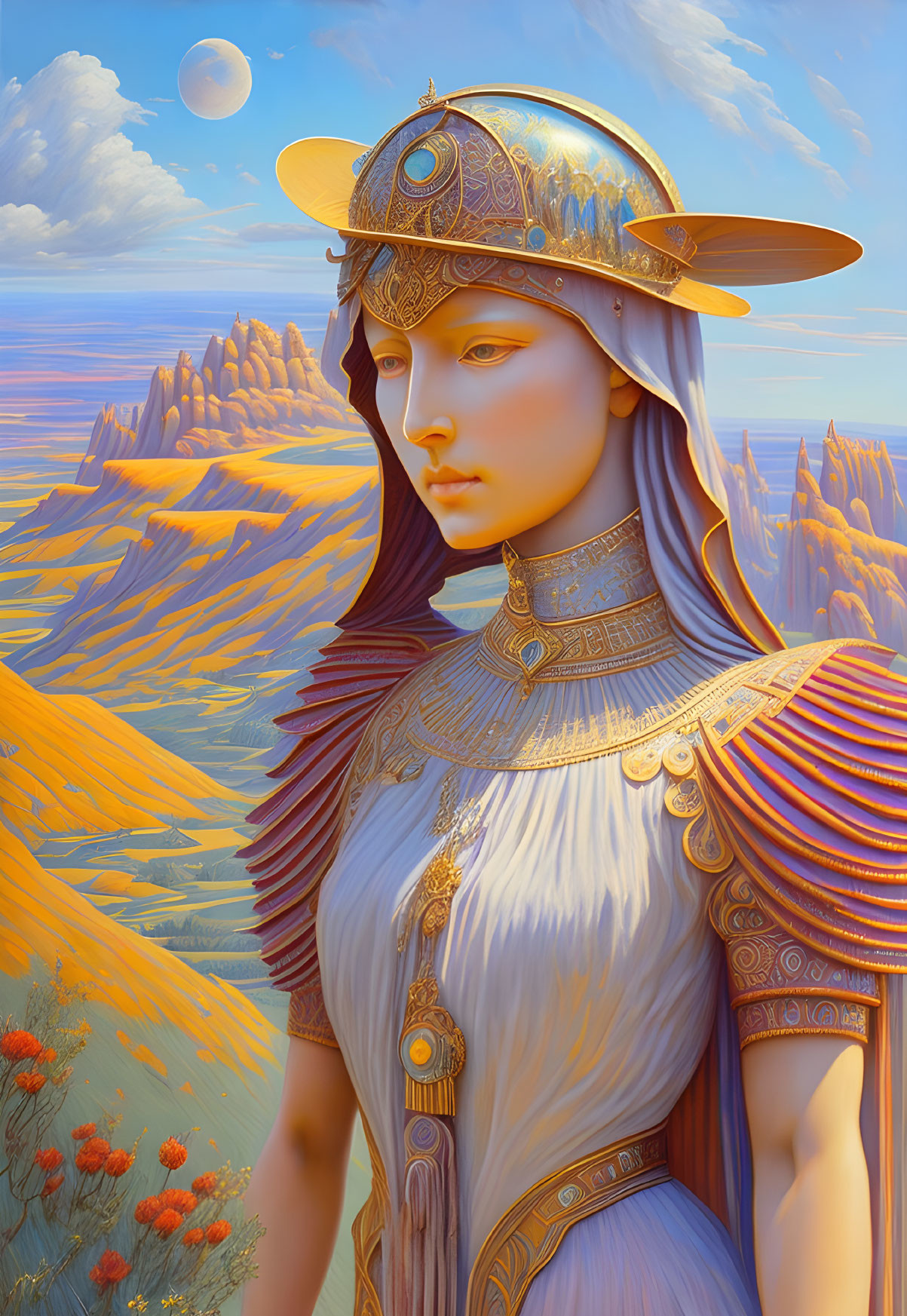 Digital artwork of woman in ornate armor with golden fields, mountains, and moon.