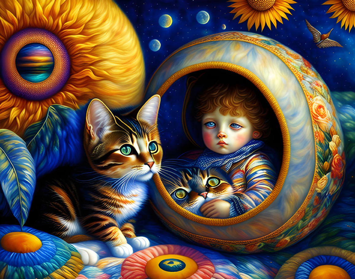 Surreal painting: Child in cosmic egg with cat, kittens, sunflowers, celestial objects