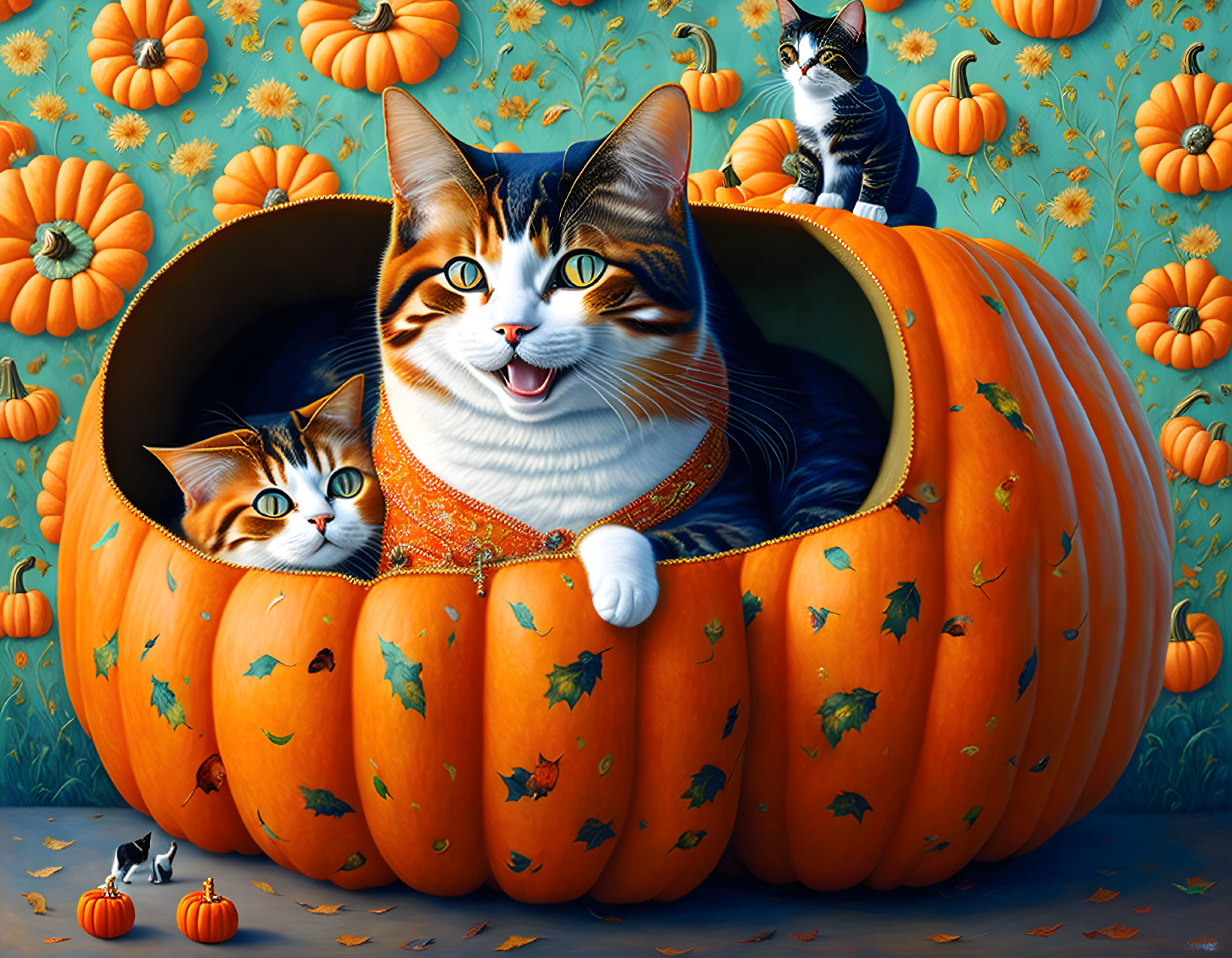 Three playful cats with a large carved pumpkin and autumn backdrop.