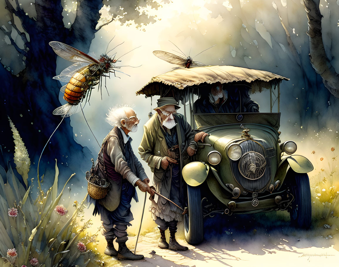 Elderly Adventurers with Classic Car and Mechanical Bees in Woodland