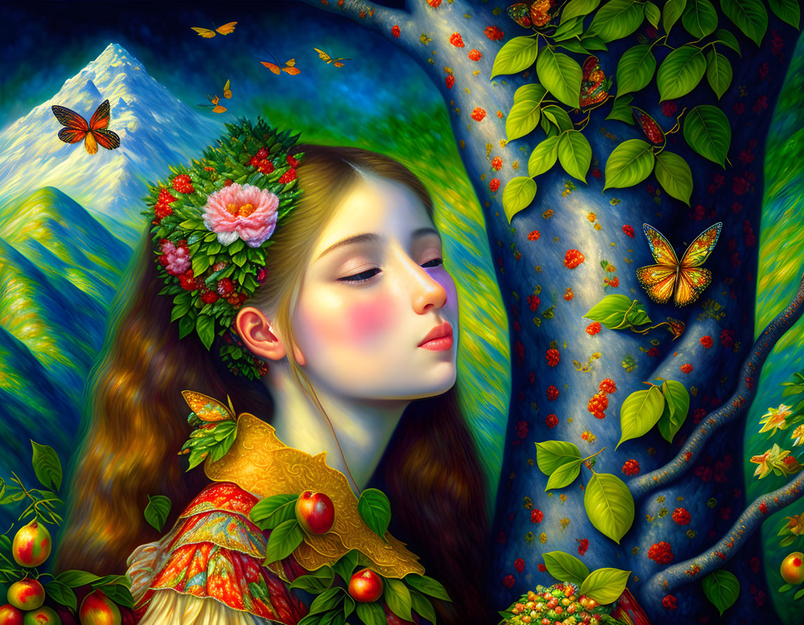 Colorful artwork: Woman with floral hair, butterflies, lush landscape