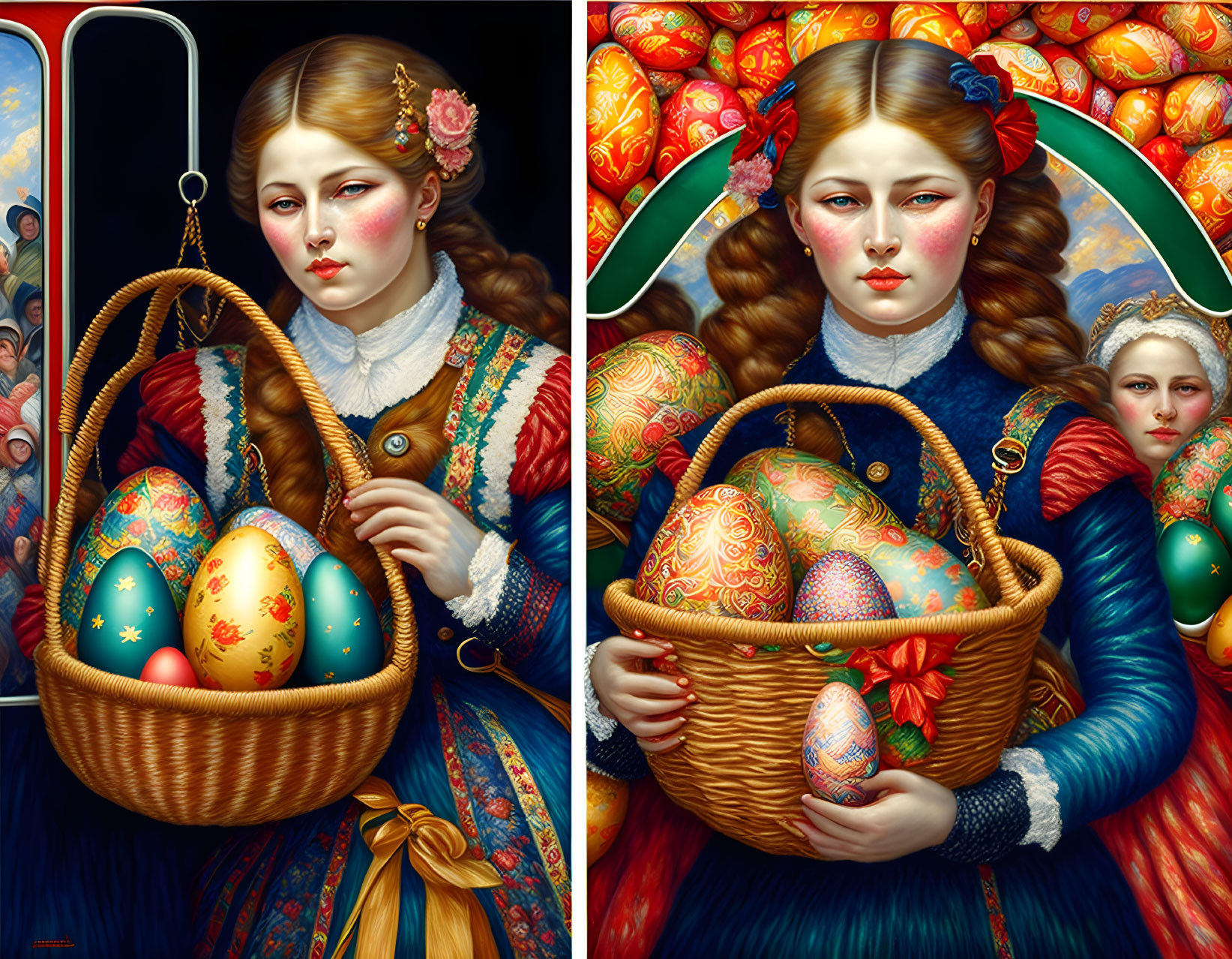 Hyper-realistic painting of woman in traditional attire with ornately decorated eggs basket against egg backdrop.