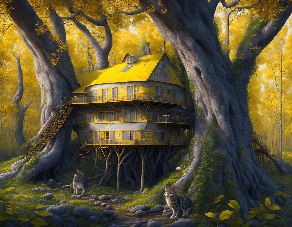 Yellow treehouse in mystical forest with cats.