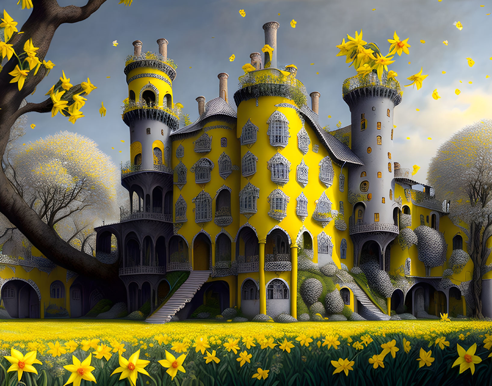 Yellow Castle with Multiple Towers in Lush Greenery