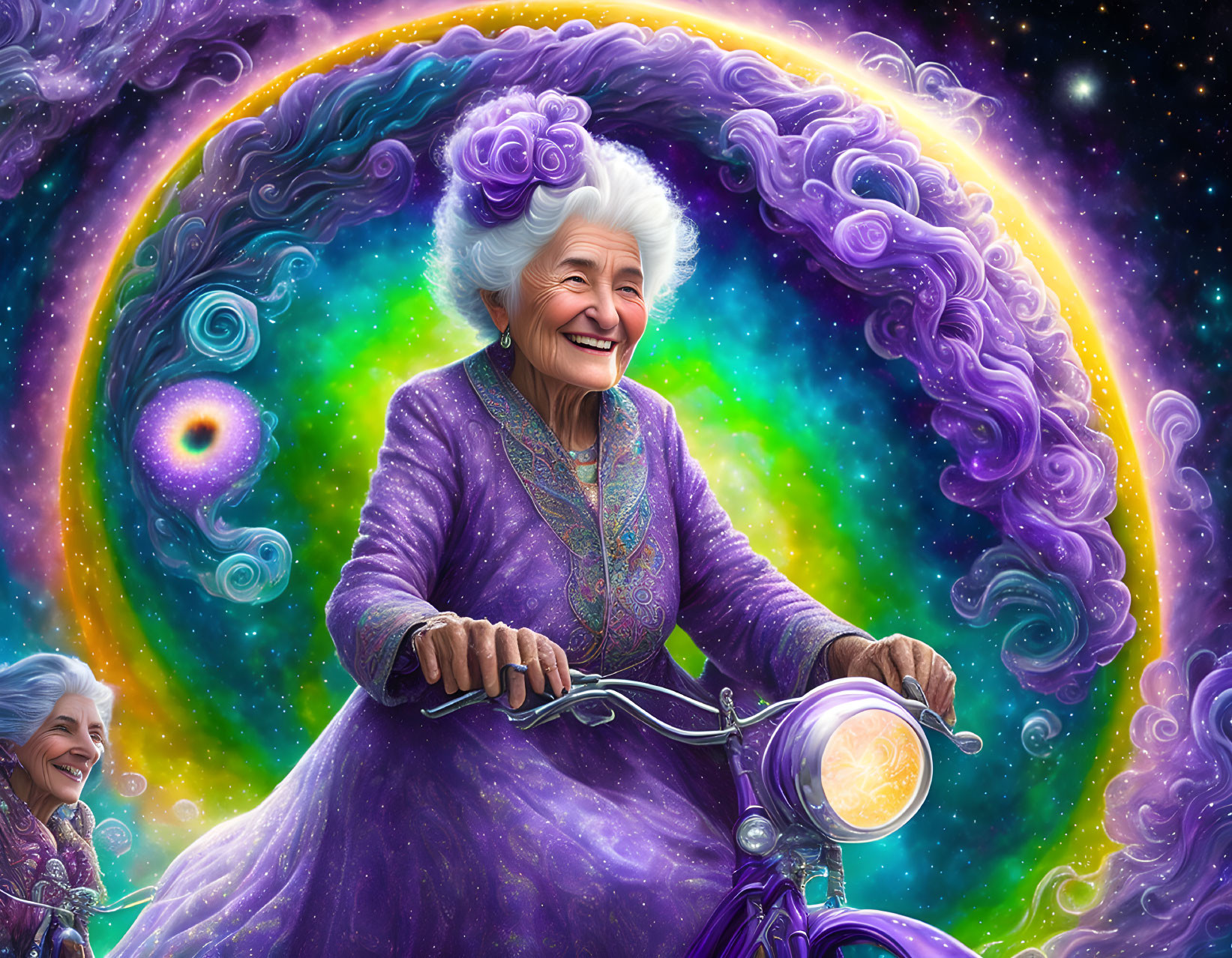 Elderly Woman Riding Bike in Cosmic Vortex Background