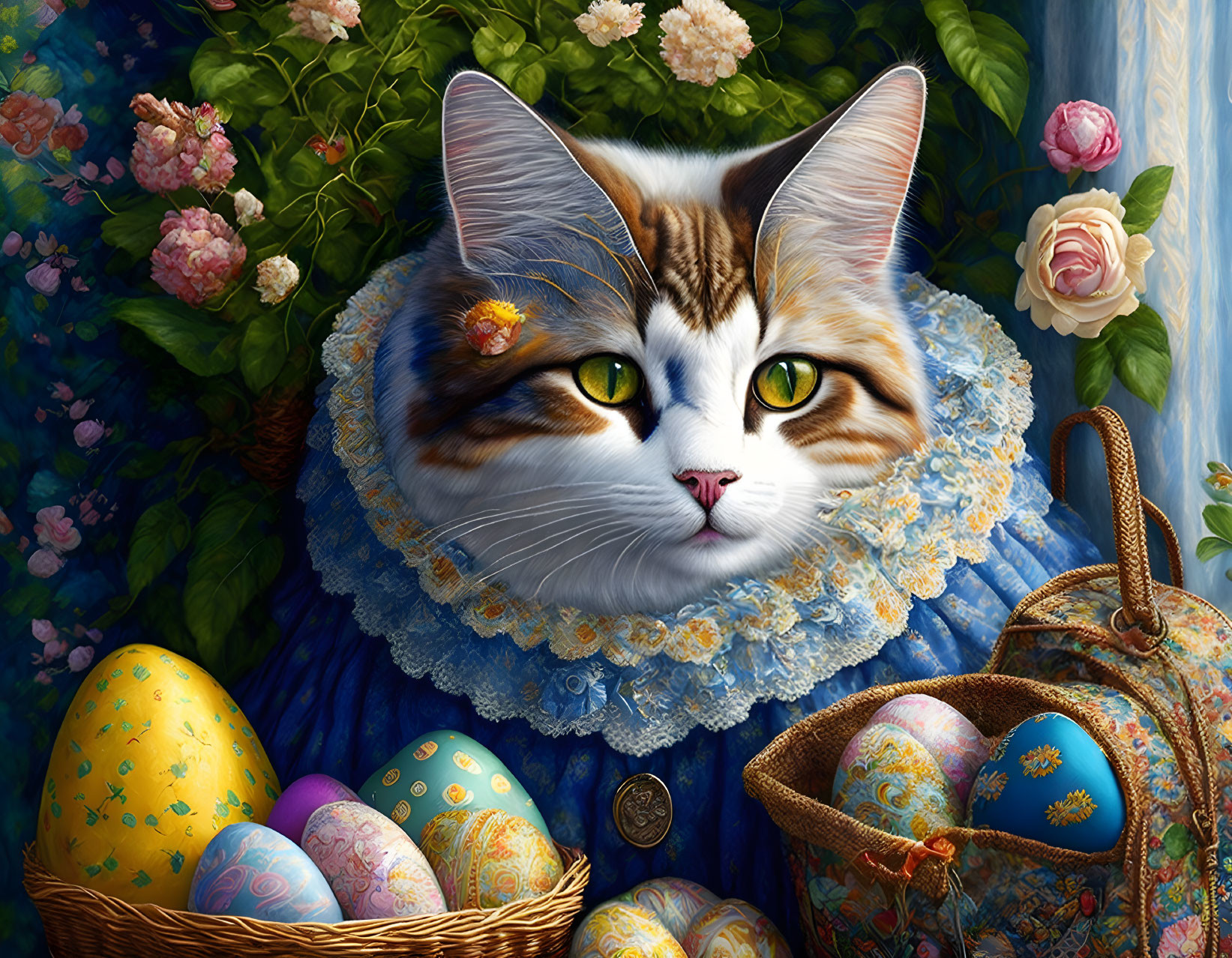 Digital Artwork: Cat with Green Eyes and Blue Collar Among Easter Eggs and Flowers