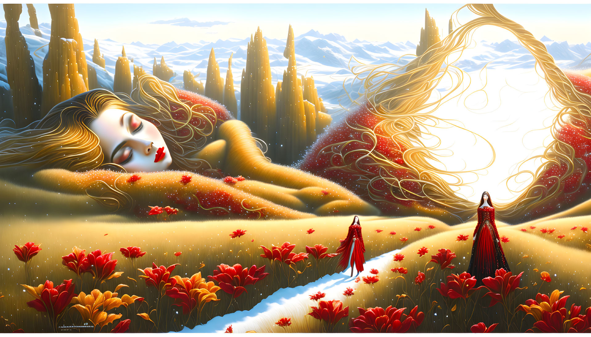 Fantasy landscape with ethereal woman, golden hair, red flowers, and cloaked figures.