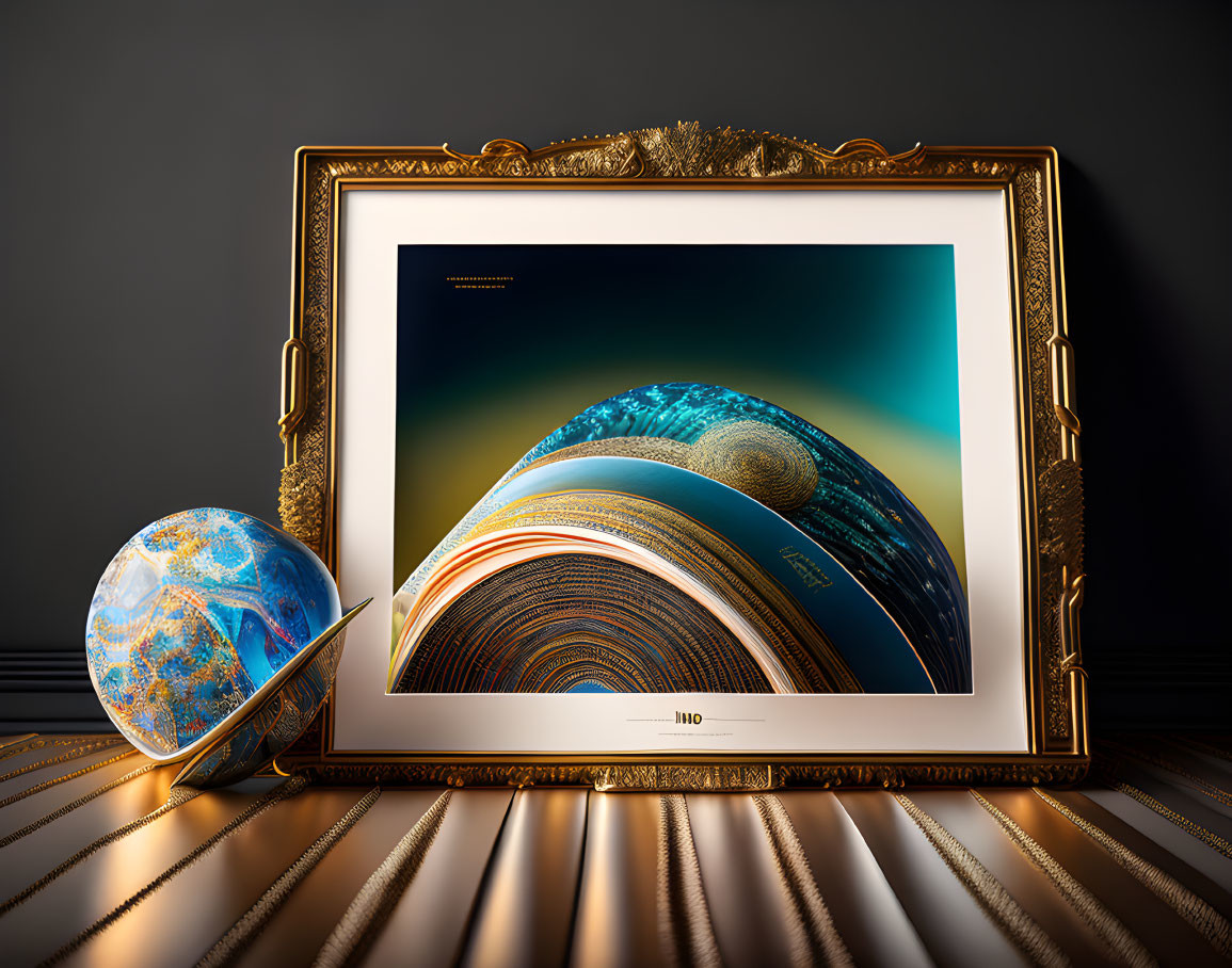 Abstract Artwork Leaning Against Wall with Globe on Striped Surface