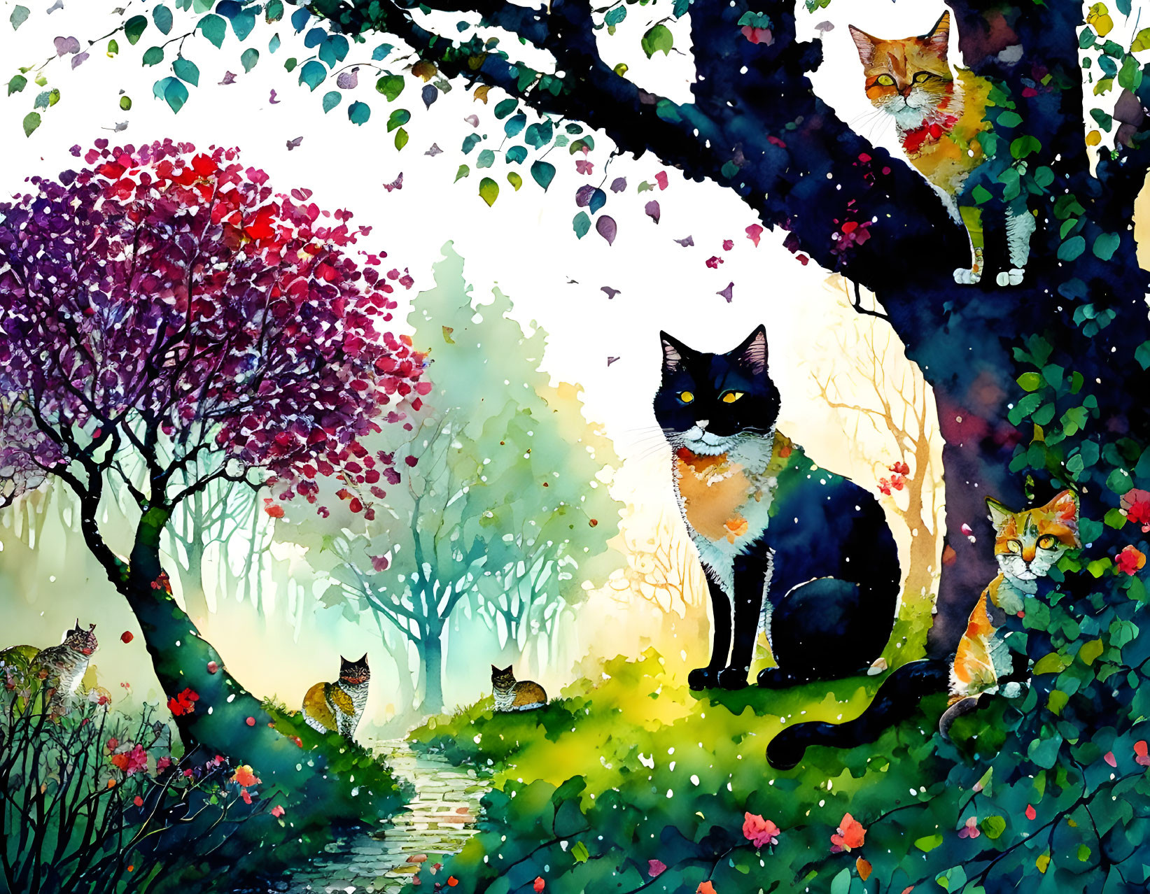 Colorful Watercolor Illustration of Cats in Lush Forest