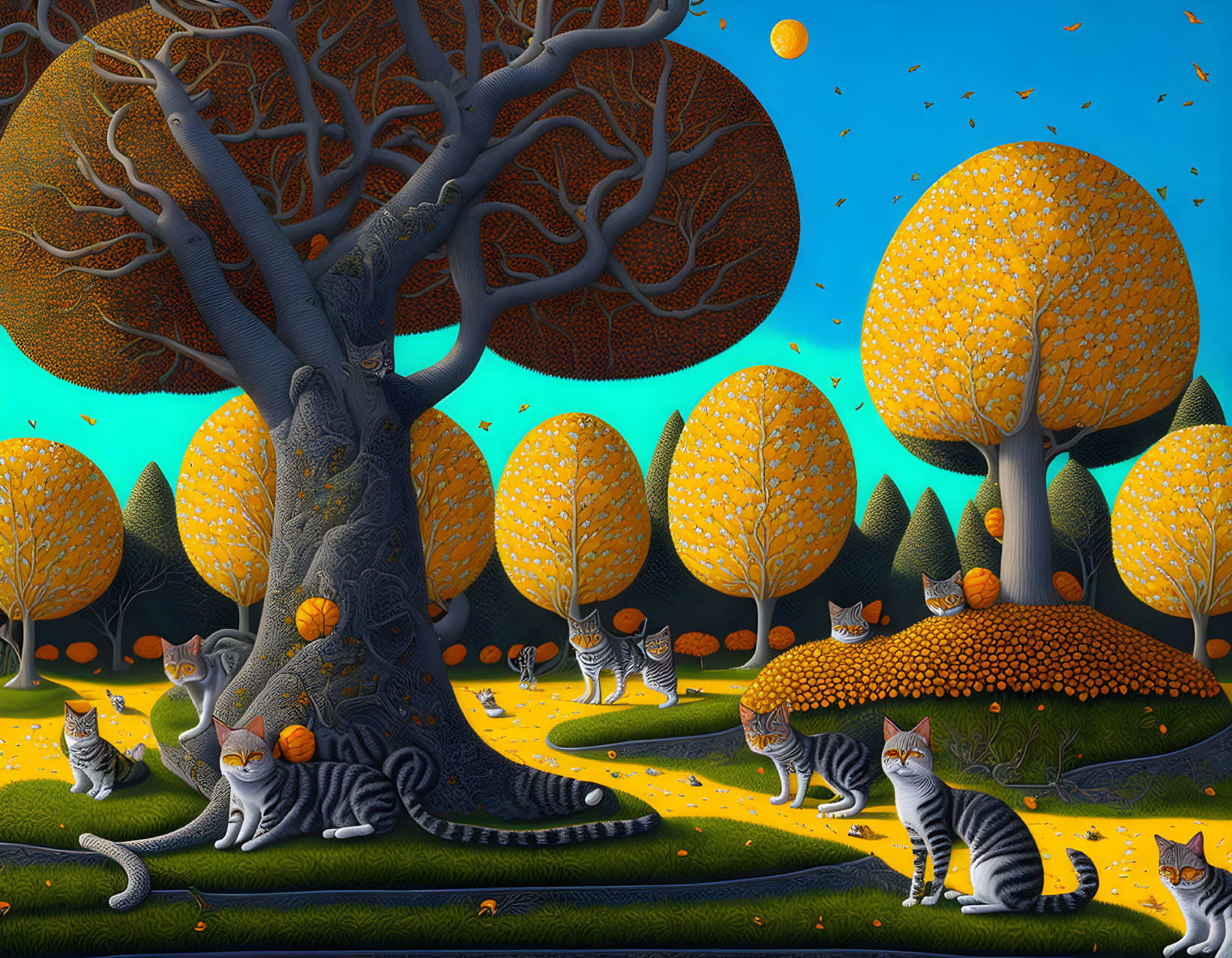 Autumnal landscape with surreal trees and striped cats under twilight sky