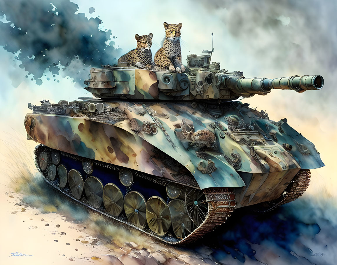 Two cheetahs on military tank in dusty setting.