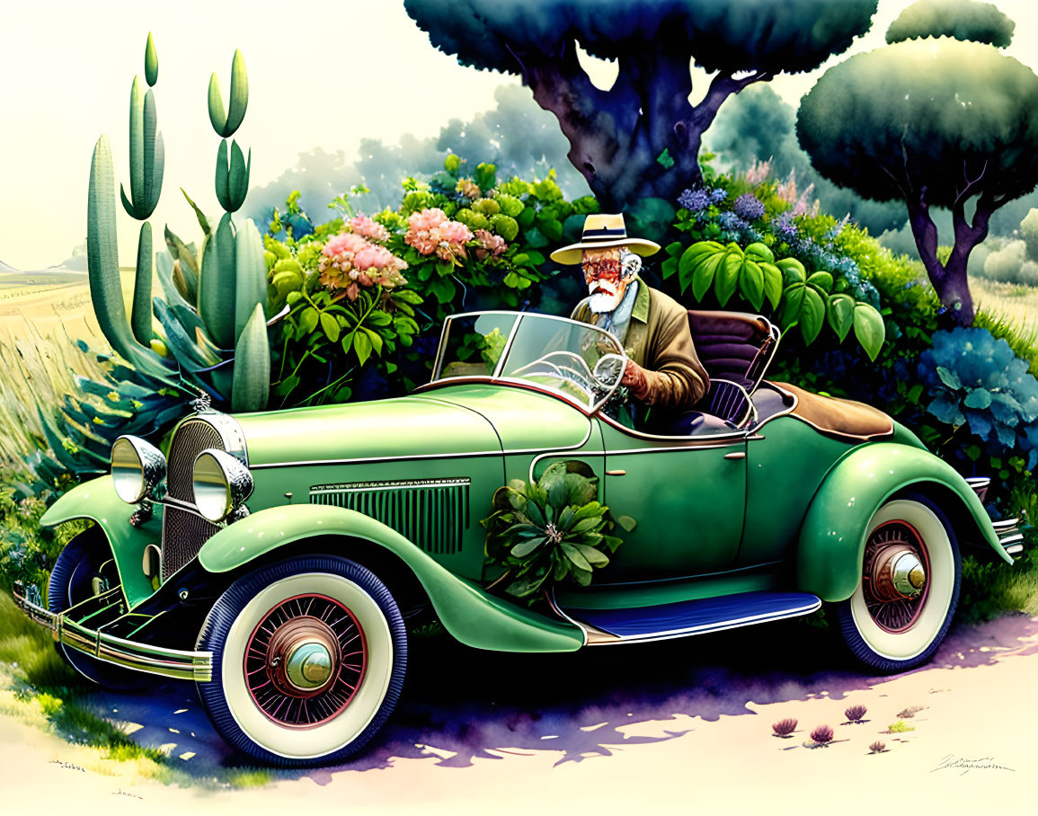 Vintage Green Car with White-Bearded Man Driving in Lush Greenery