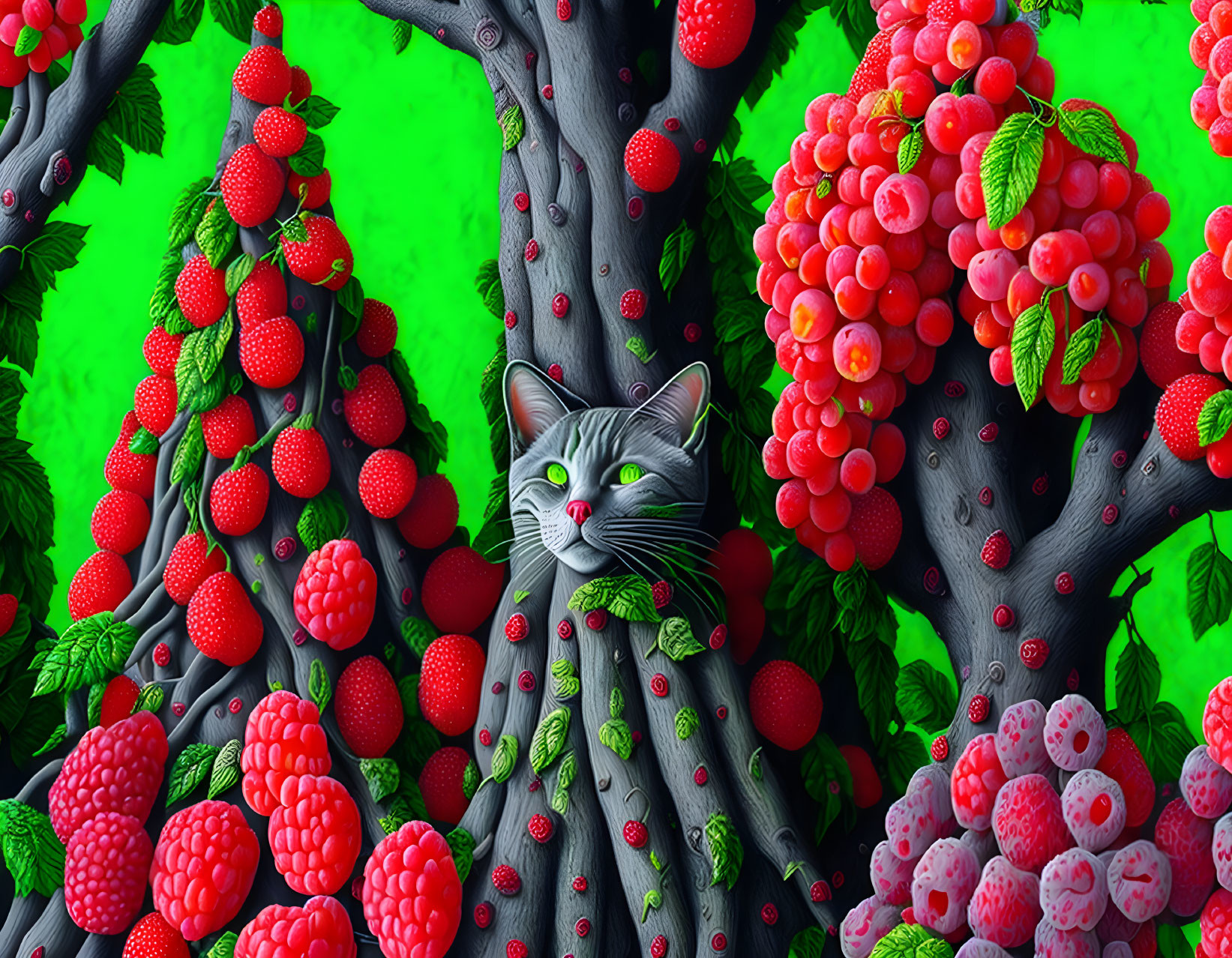 Colorful Forest Scene with Grey Cat and Berry Trees