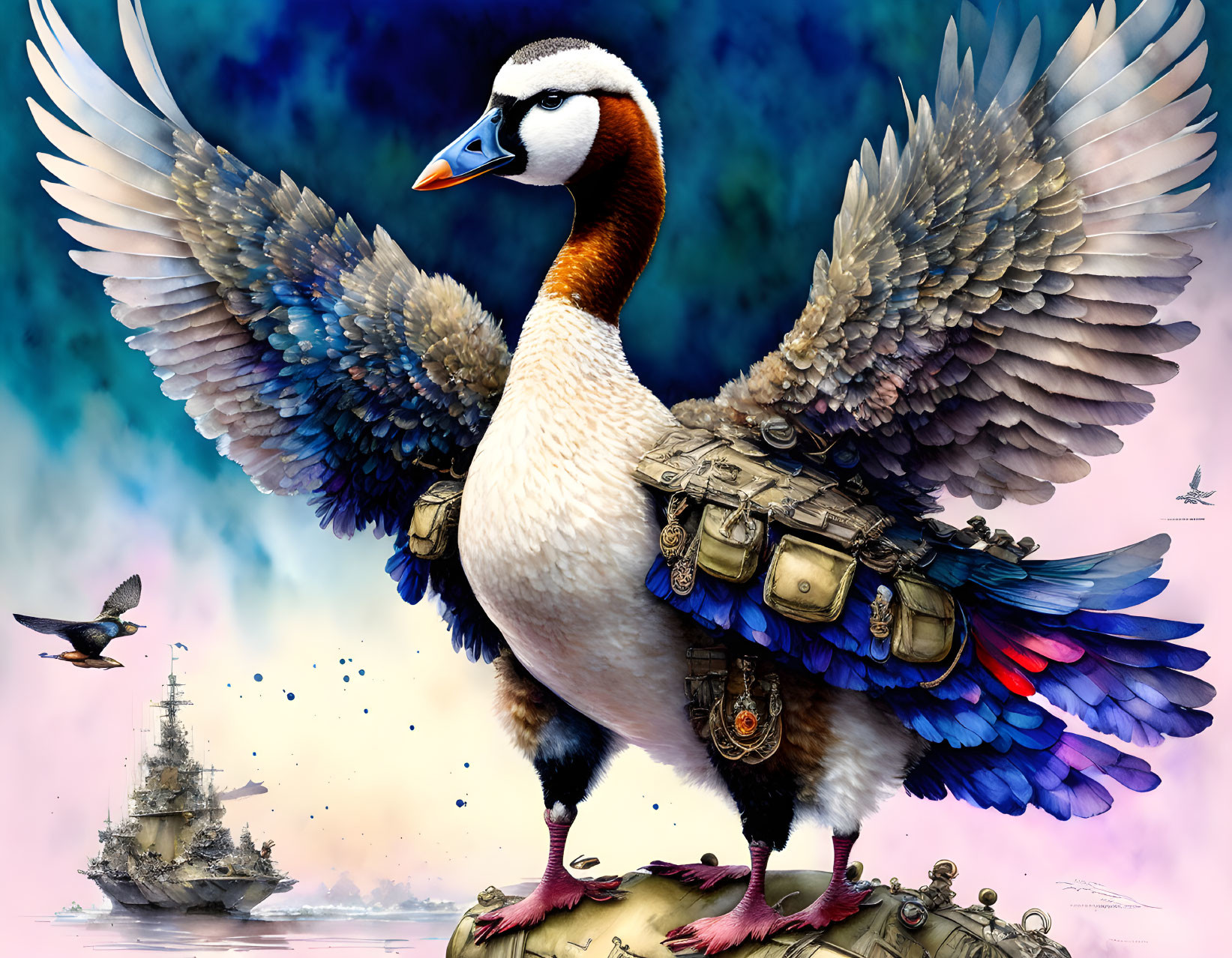 Colorful anthropomorphized goose with pouches and talismans in surreal sea and ship scene