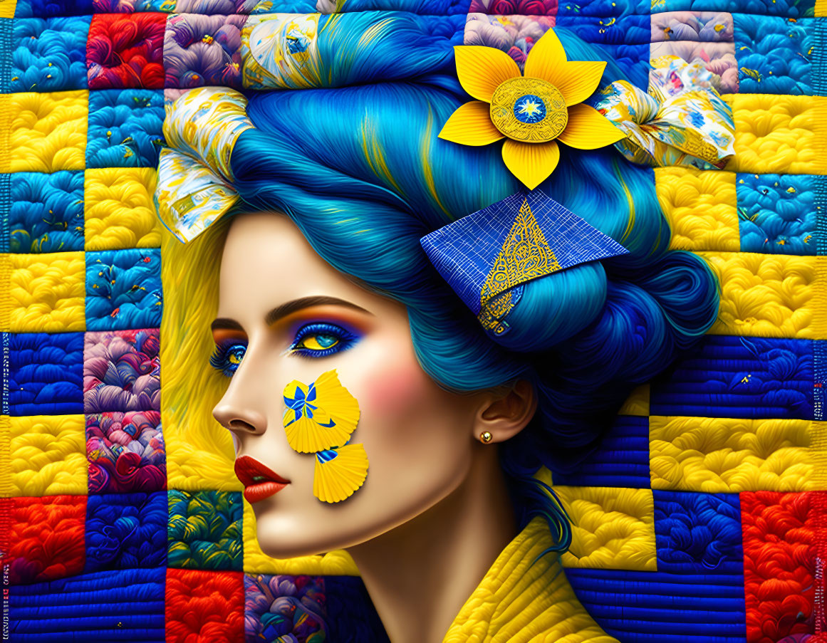 Colorful digital artwork featuring a woman with blue hair and vibrant quilted background