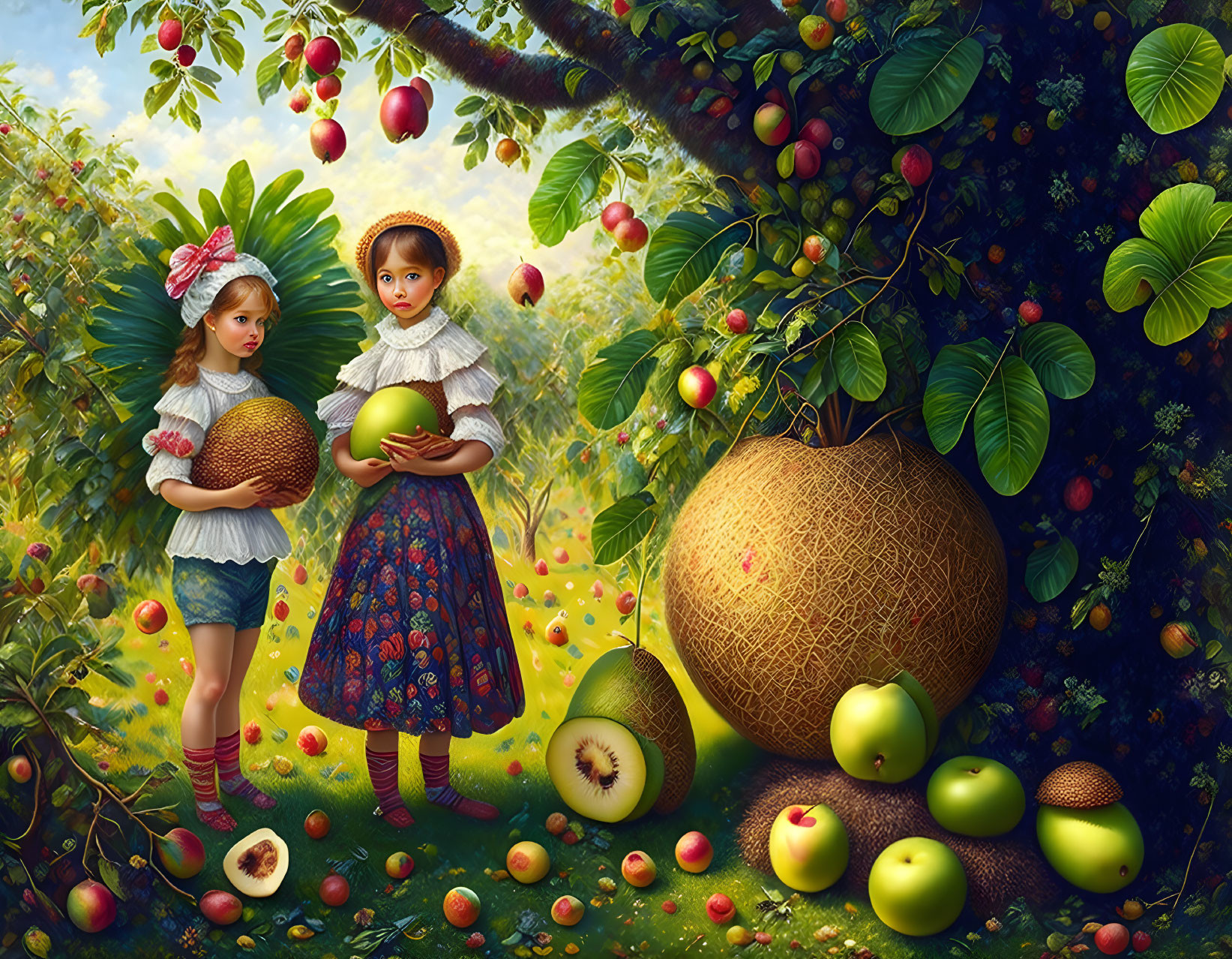 Vintage clothing girls in lush orchard with fruit baskets and oversized fruits in warm sunlight