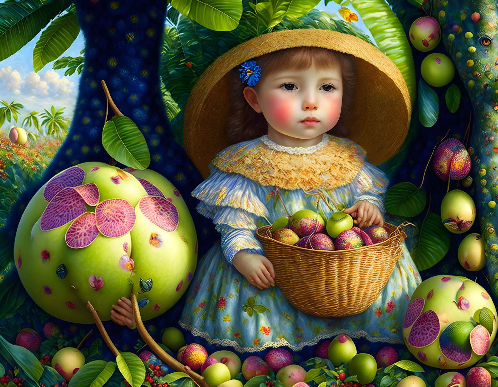 Young child in straw hat with fruit basket in fantastical outdoor scene