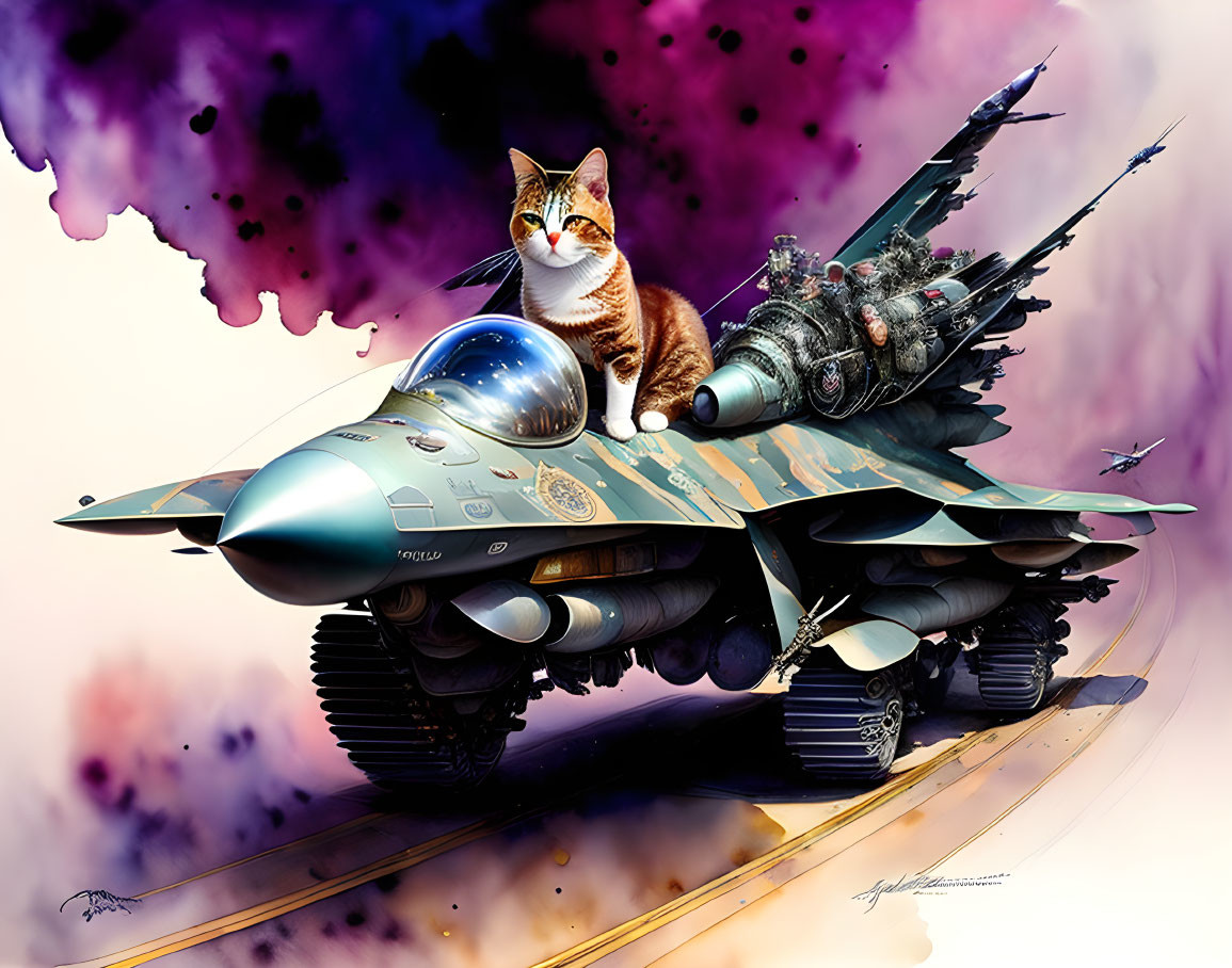 Confident cat on hybrid jet fighter-tank with purple clouds