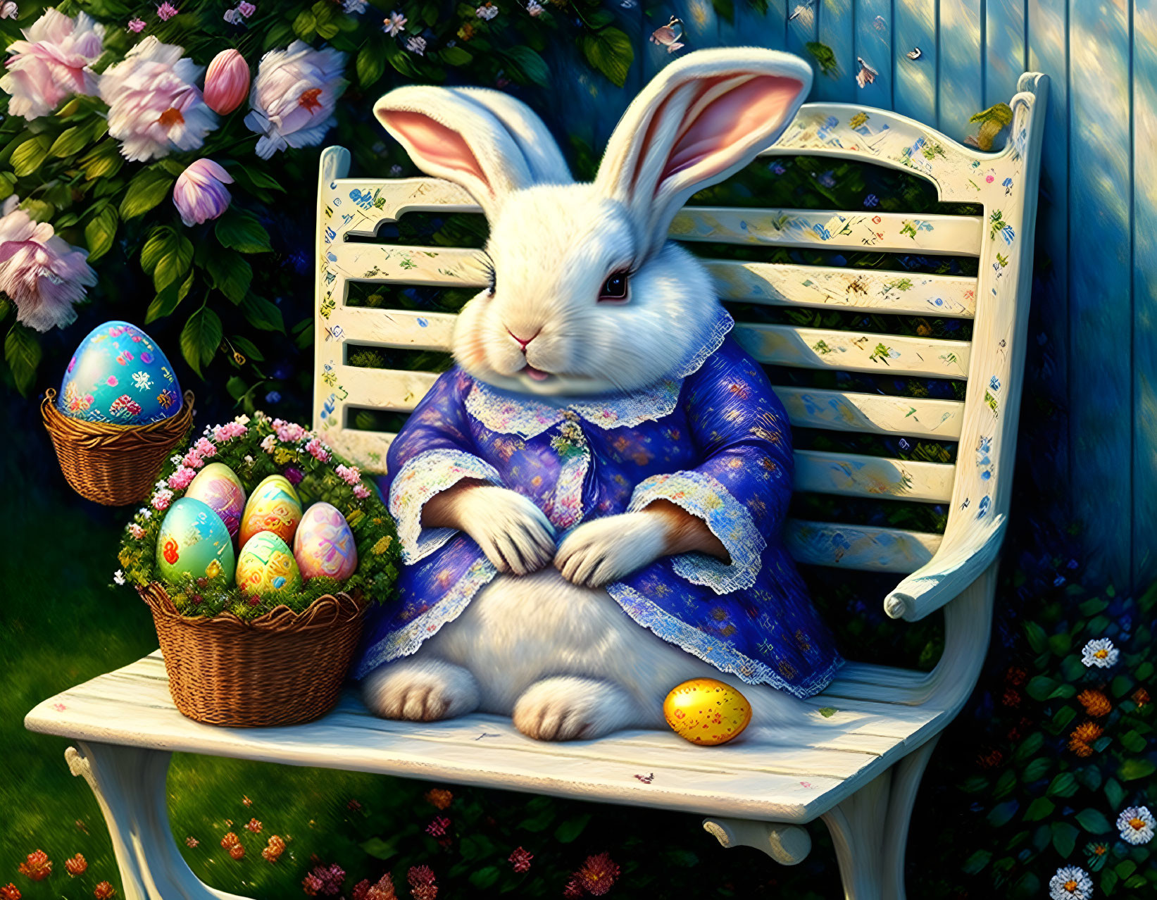 Illustrated rabbit in blue dress with Easter eggs on bench among flowers