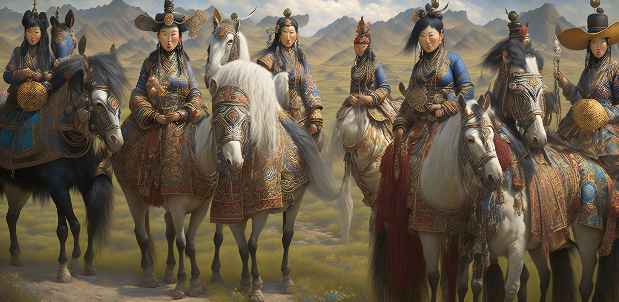 Group of individuals in traditional Asian attire on horseback on grassy plain