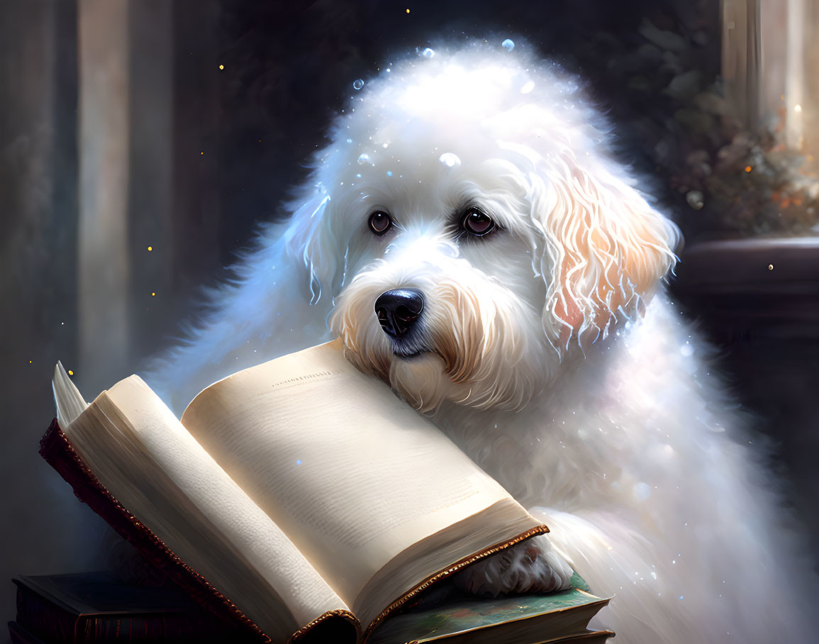 White fluffy dog with glowing aura resting on open book in soft light