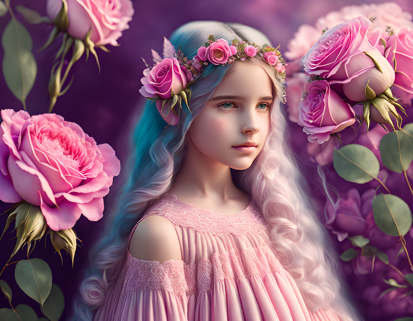 Young girl with blue and white wavy hair and floral headband among pink roses on purple backdrop