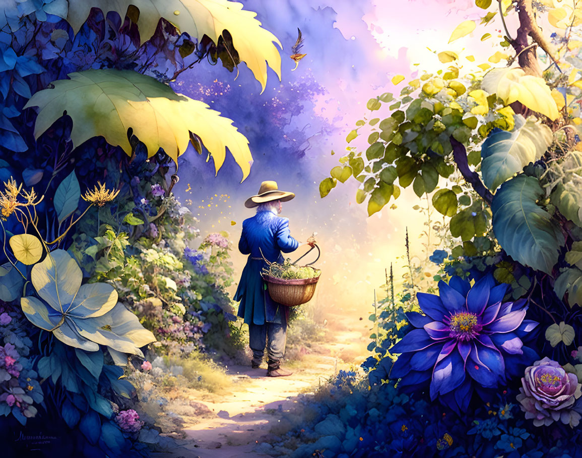 Person in Blue Cloak Walking on Forest Path Surrounded by Flowers