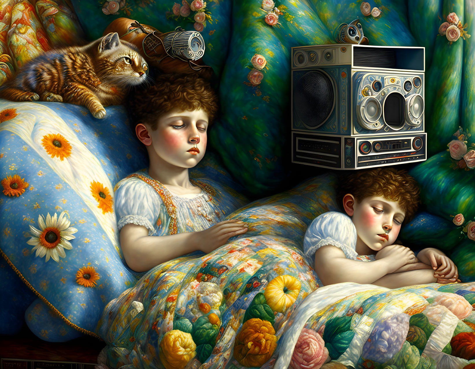 Child sleeping on floral quilt next to vintage radio with watchful cat.