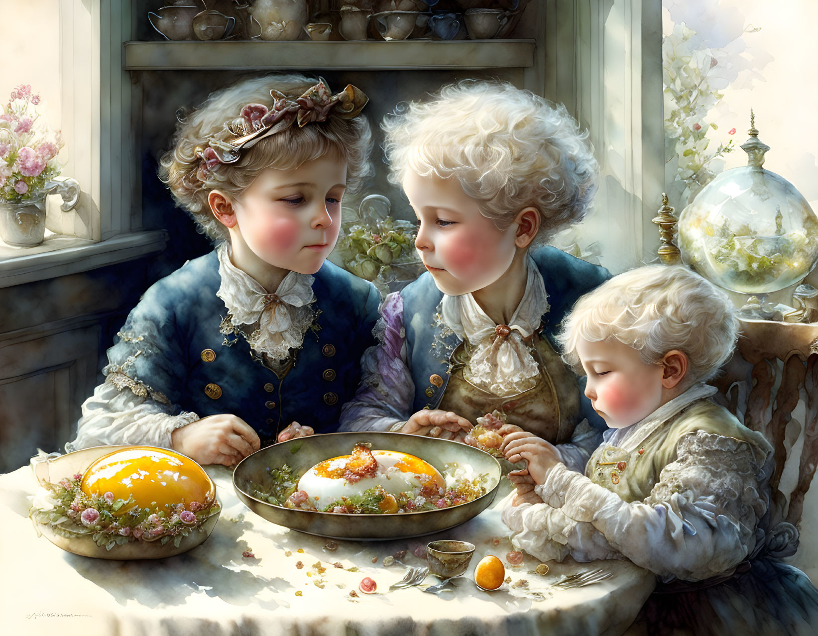 Vintage Clothing Children Admiring Decorated Eggs on Table