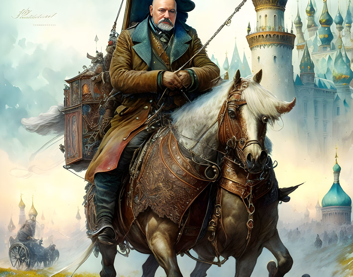 Bearded man on white horse with ornate chest in front of castle