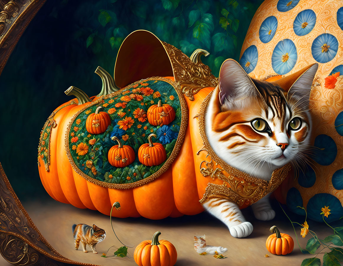 Whimsical cat in pumpkin carriage with golden accents