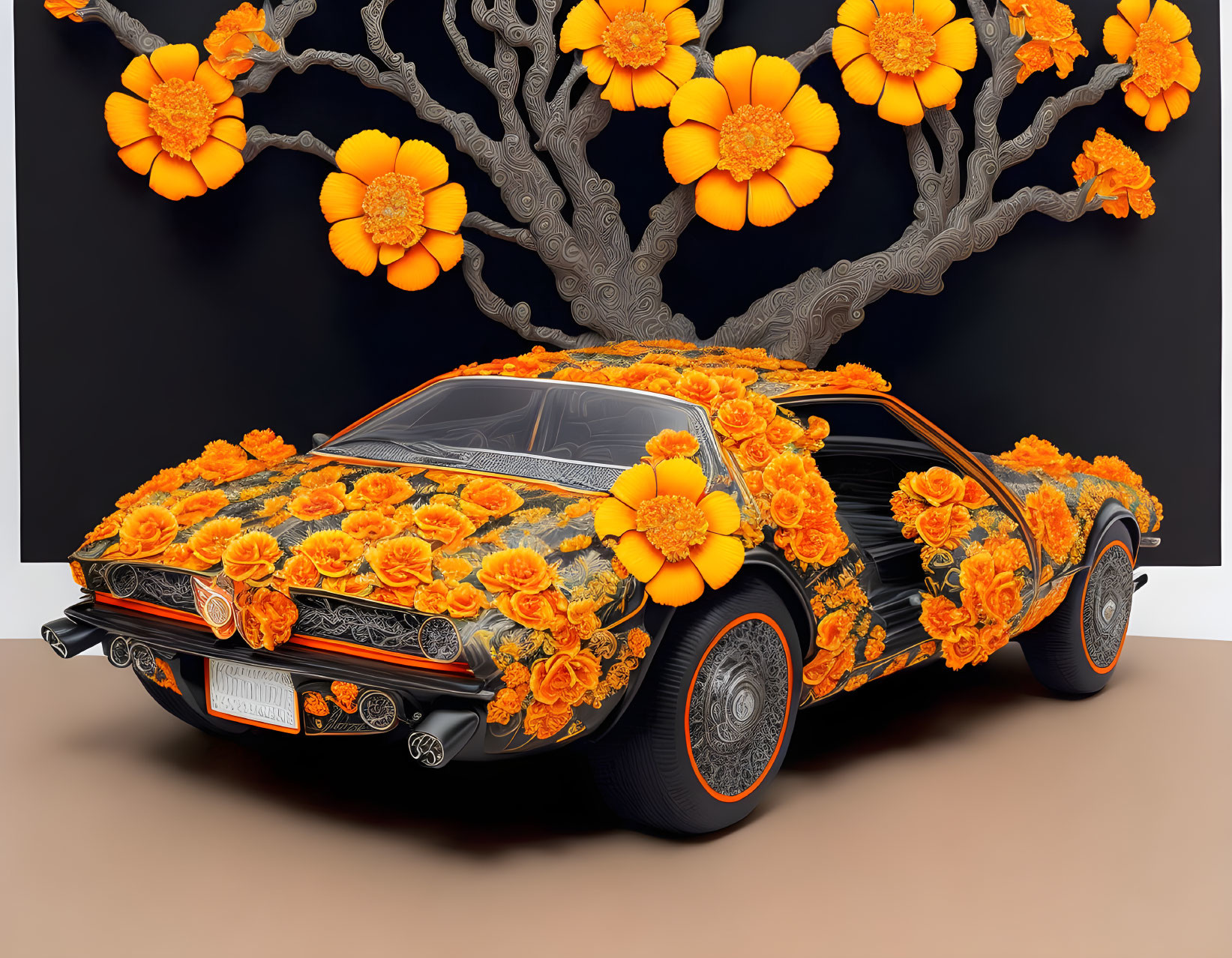 Vintage Muscle Car with Orange Flowers and Stylized Tree on Two-Tone Background