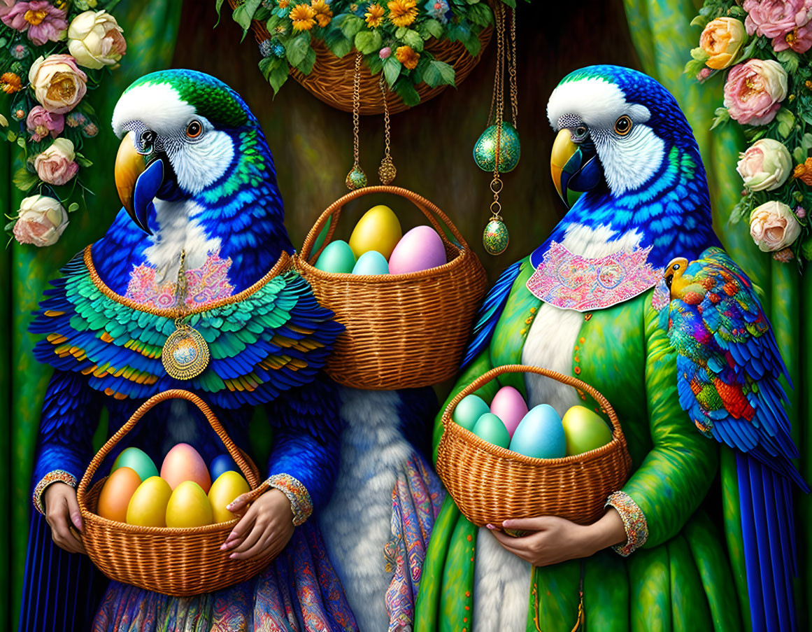 Anthropomorphic Parrots with Colorful Eggs in Ornate Attire