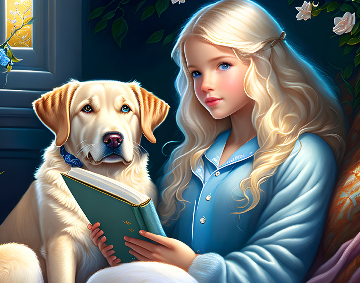 Blonde girl with book and golden retriever in floral room