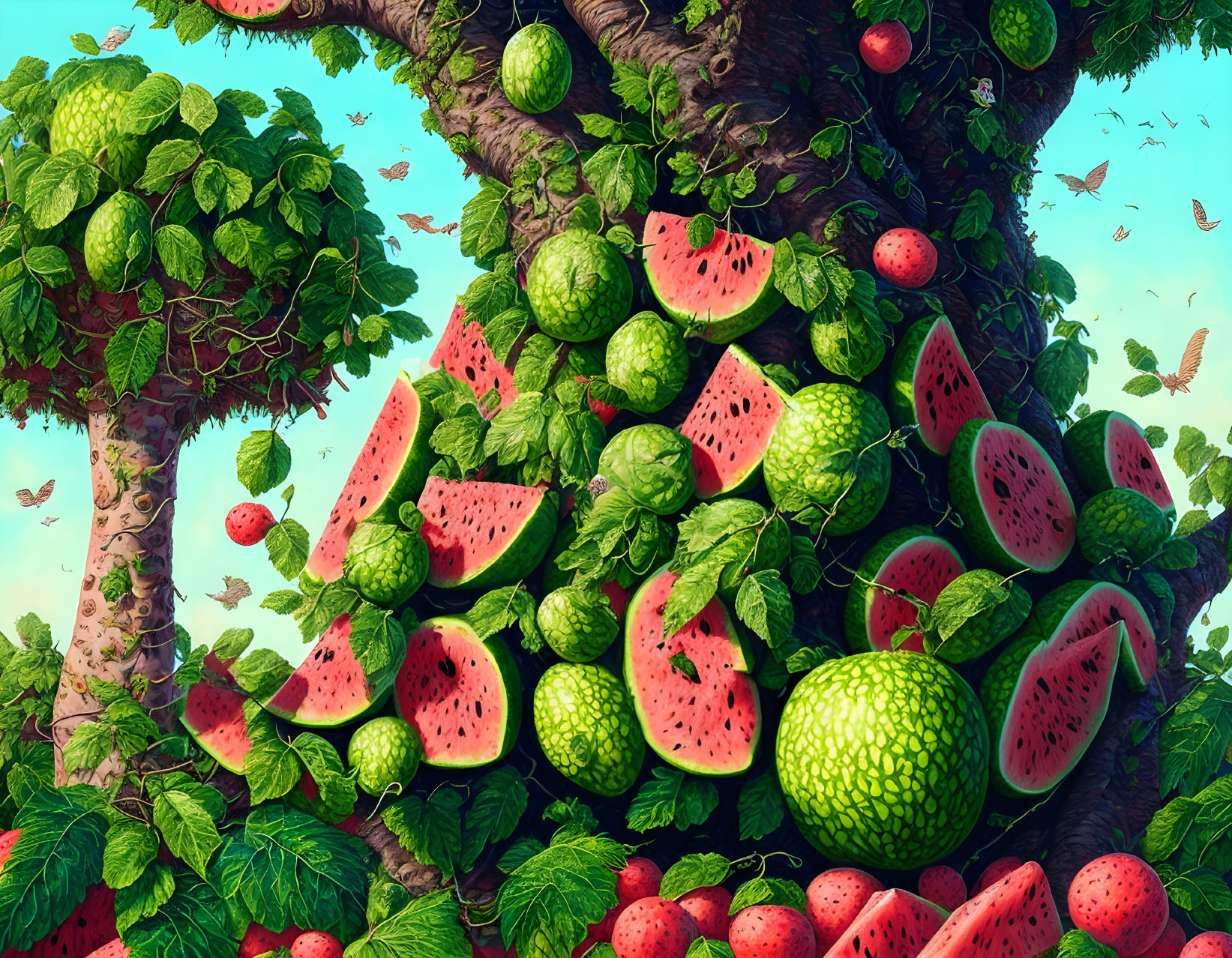 Fantastical forest scene with watermelon tree branches.