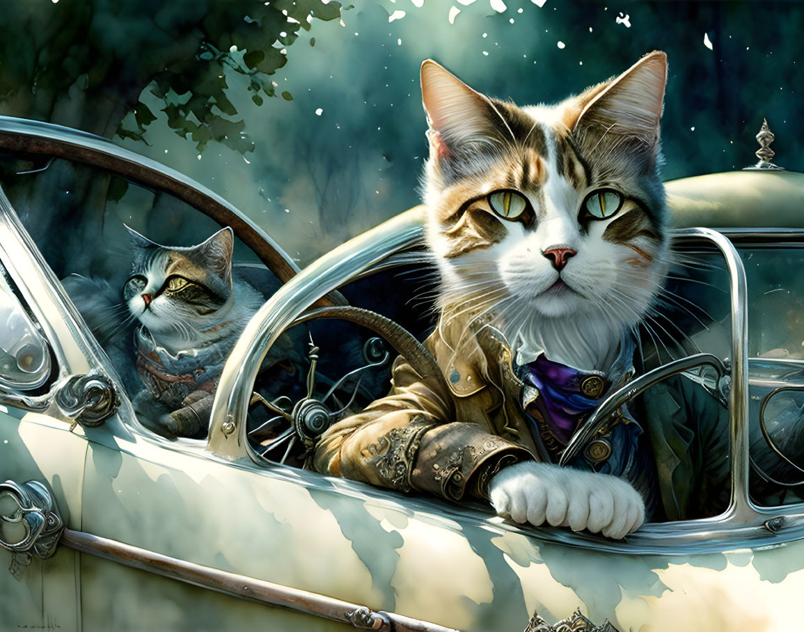 Anthropomorphic cats in vintage attire driving old-fashioned car