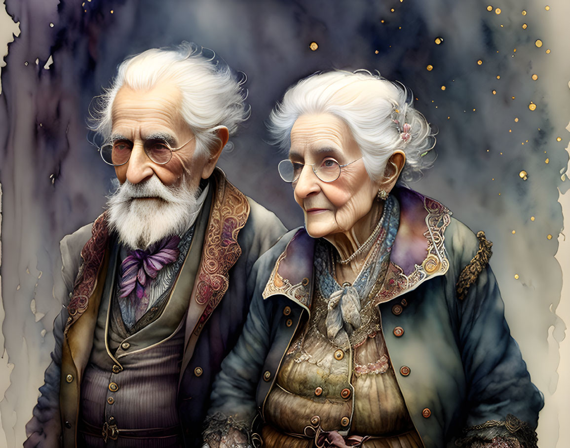 Elderly Couple in Whimsical Attire Surrounded by Glowing Lights