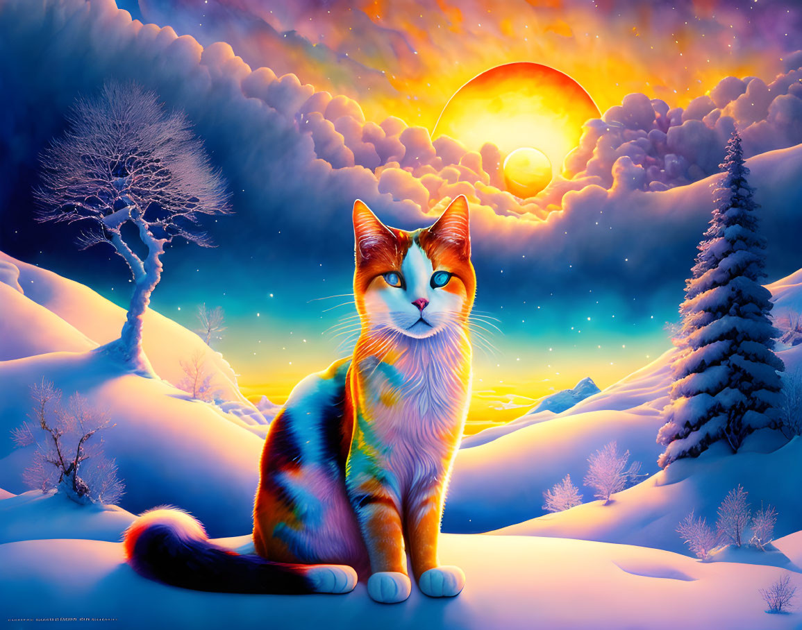 Colorful Cat in Snowy Sunset Landscape with Trees and Vibrant Clouds