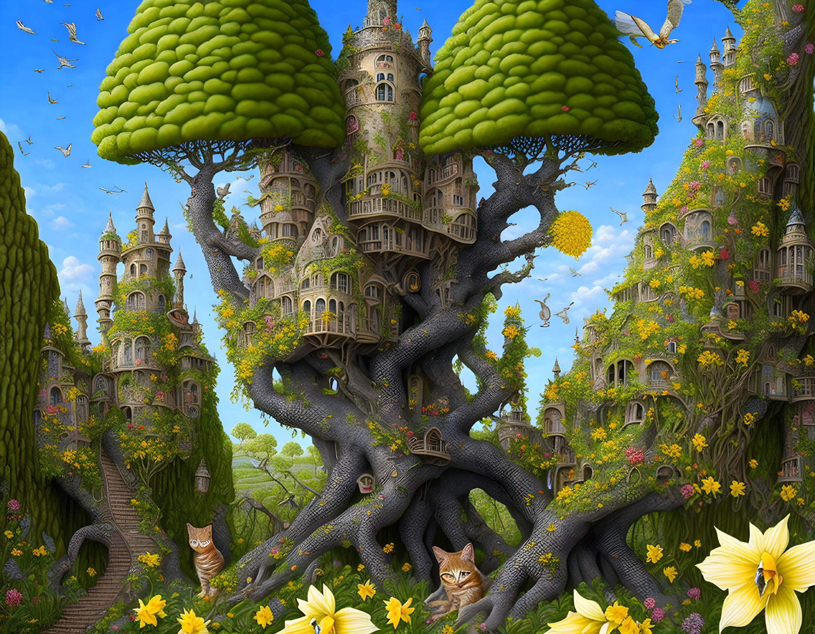 Elaborate Treehouse Castles in Whimsical Scene