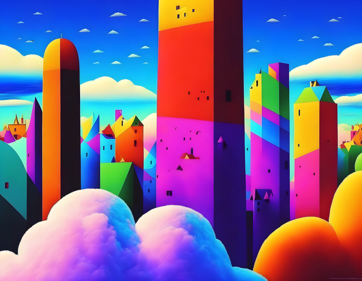 Colorful Geometric Buildings in Vibrant Landscape with Fluffy Clouds