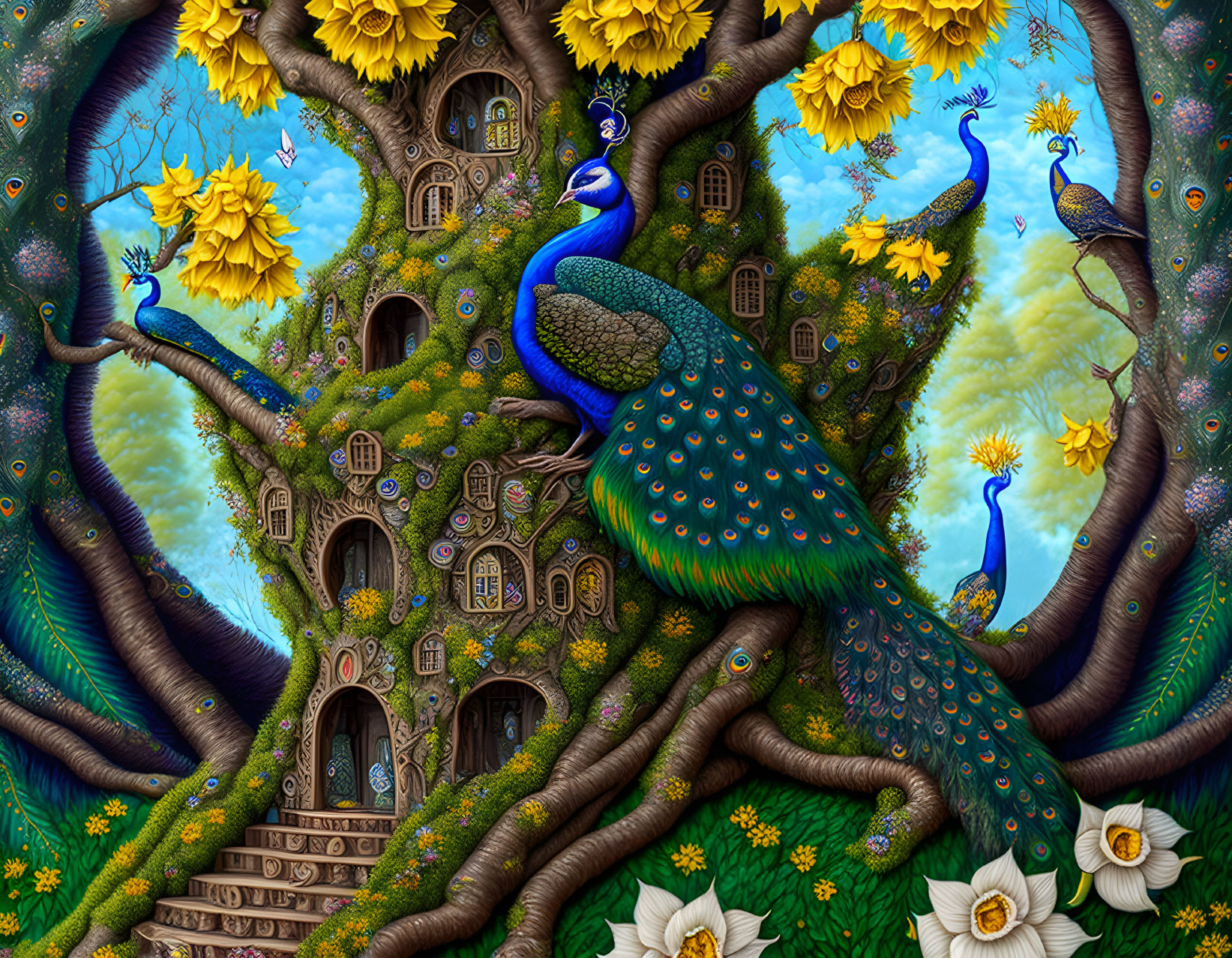 Colorful Peacocks on Fantasy Tree with Yellow Blooms