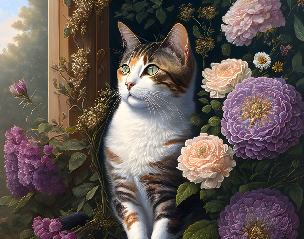 Detailed painting: Tabby cat with flowers near window and sunlight.