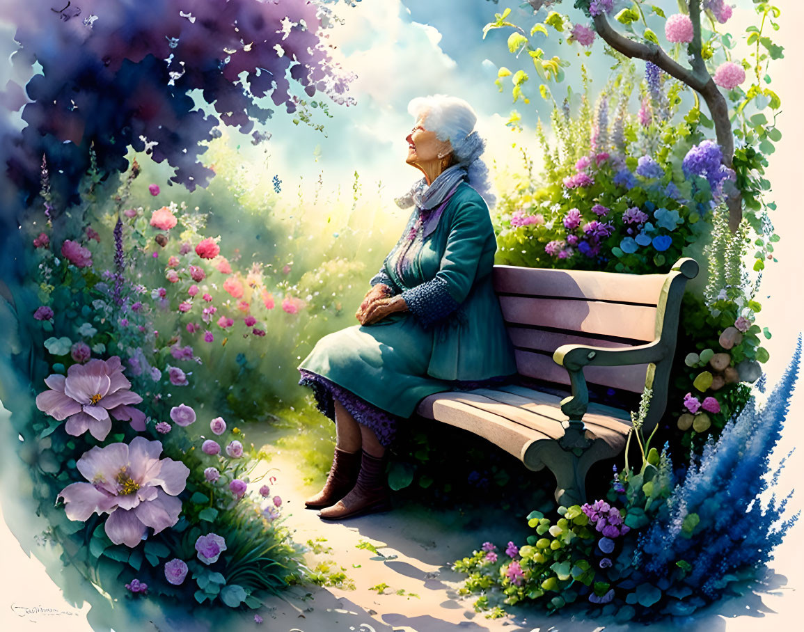 Elderly lady sitting on garden bench surrounded by lush flowers