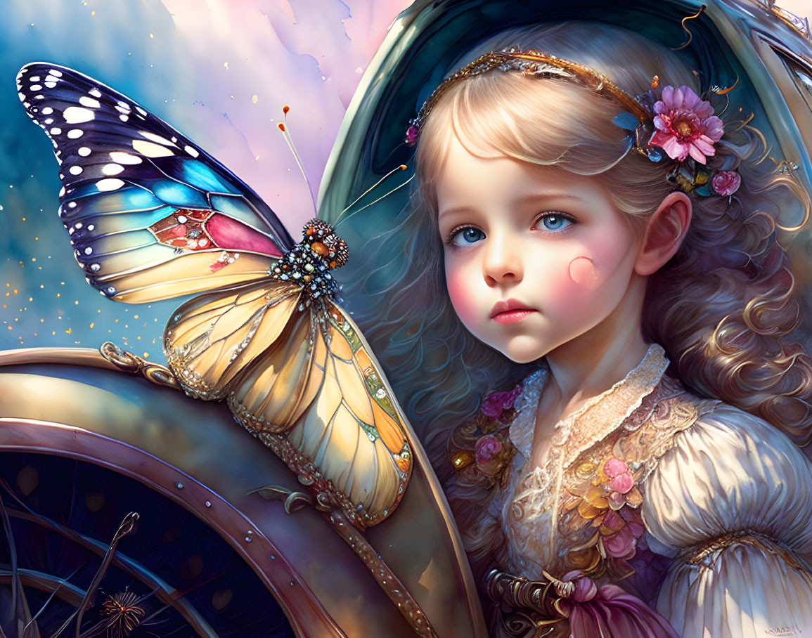 Young girl with ornate flower-adorned hat gazes at colorful butterfly in whimsical setting