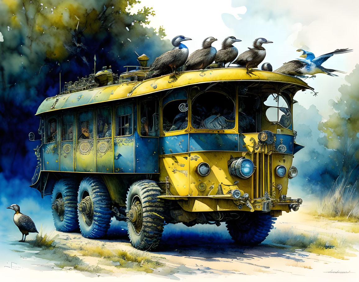 Whimsical yellow bus with oversized tires and birds in a dreamy landscape