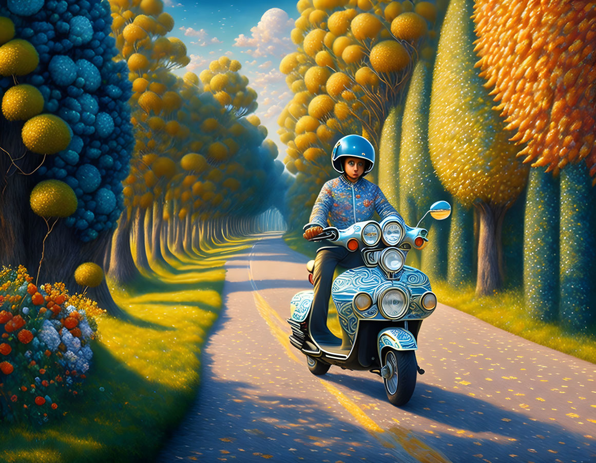 Person in Blue Helmet Riding Scooter on Vibrant Tree-Lined Road